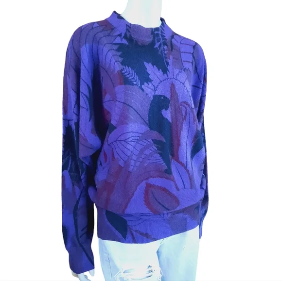 Vintage 80s deWall Sweater Wool Blend Black Panther Print Oversized Fit - Picture 1 of 9